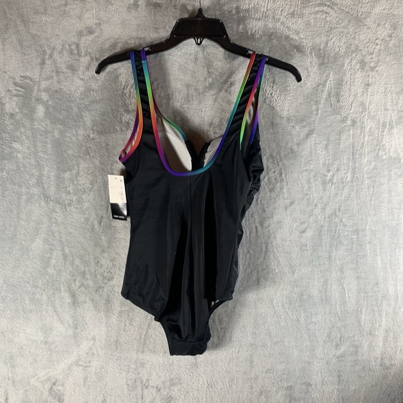 Swim Solutions Sport Womens Swimsuit 8 One Piece Black Rainbow Trip Zip Up Front - Picture 2 of 7